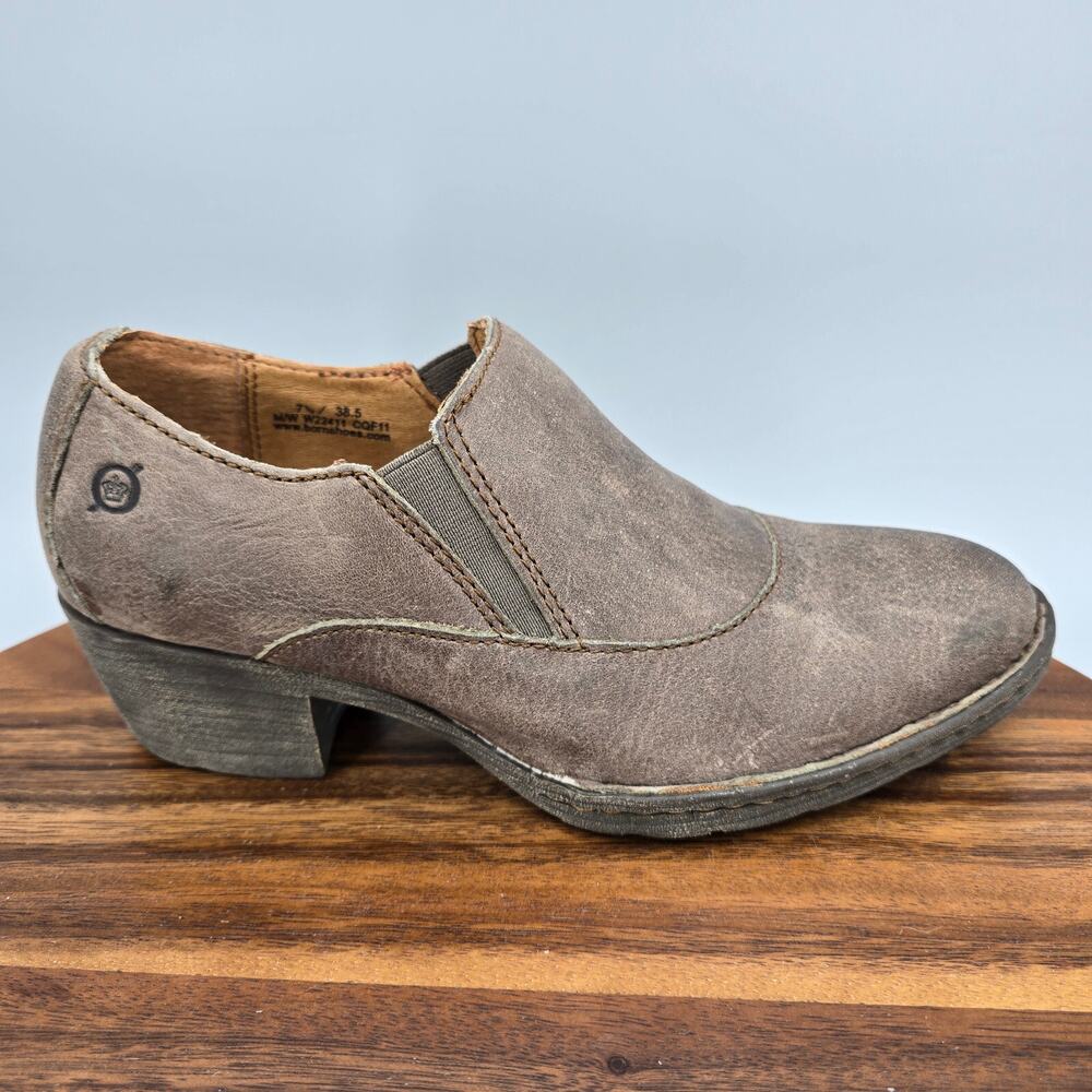 Born Lawren Boots Women's 7.5 Taupe Brown Leather Slip On Heeled Ankle Booties